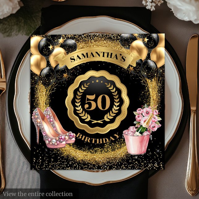 Chic 50th Birthday Black Balloons Gold Glitter Napkins (Chic 50th Birthday Black Balloons Gold Glitter Napkins)