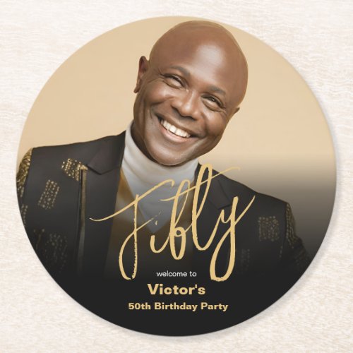 Chic 50th Birthday Black Gold Modern Custom Photo  Round Paper Coaster