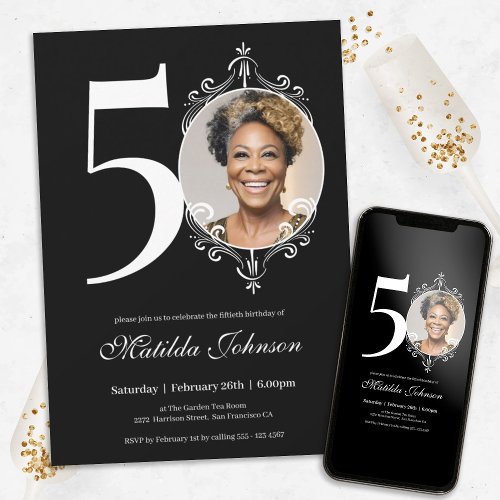 Chic 50th Birthday Black White Simple Custom Photo Invitation