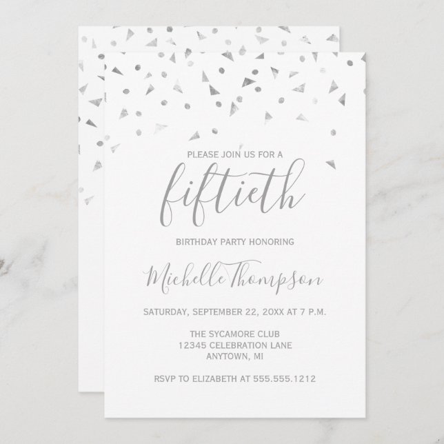 Chic 50th Birthday Party Silver Confetti  Invitati Invitation (Front/Back)
