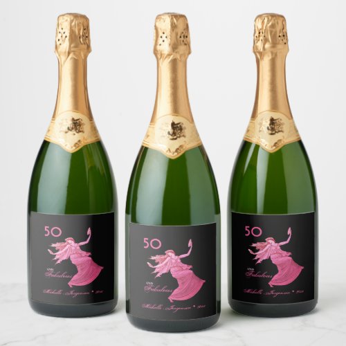 Chic 50th Birthday Pink Woman Dancer Personal Name Sparkling Wine Label