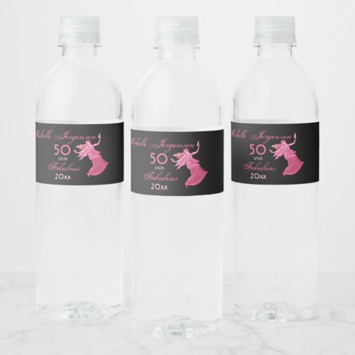 Chic 50th Birthday Pink Woman Dancer Personal Name Water Bottle Label