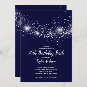 Chic 50th Birthday Stars Navy Blue Invitation