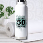 Chic 50th Birthday Water Bottle<br><div class="desc">A blend of cute script and modern boldness with this simple "50 And Fabulous" design! Featuring a classic black and white coloring with a splash of color from the teal blue (or turquoise) watercolor background. Customize to the name, and if you need to, you can also change the 'and' and...</div>