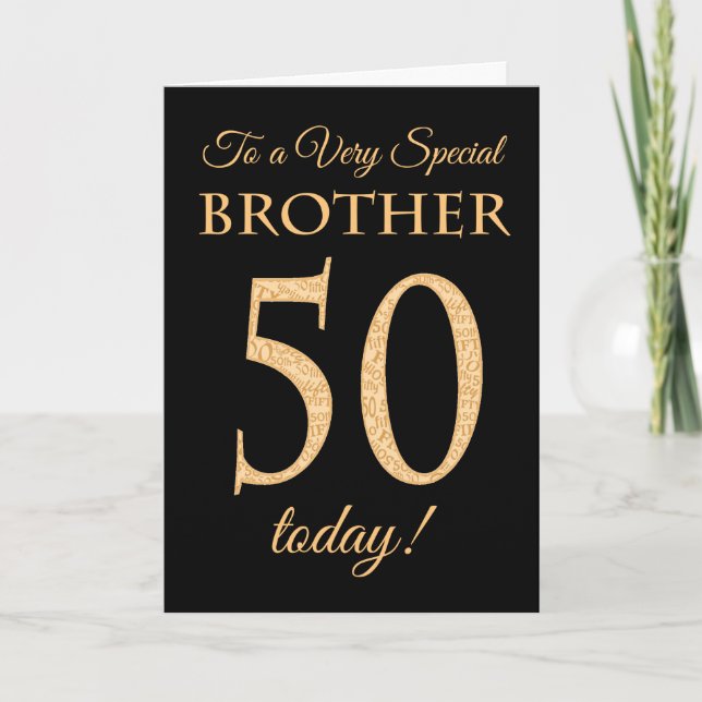 Chic 50th Gold-effect on Black, Brother Birthday Card (Front)