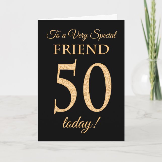 Chic 50th Gold-effect on Black, Friend Birthday Card (Front)