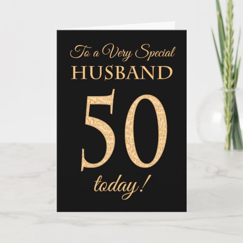 Chic 50th Gold_effect on Black Husband Birthday Card