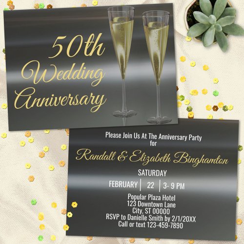 Chic 50th Wedding Anniversary Black Gold Party Invitation