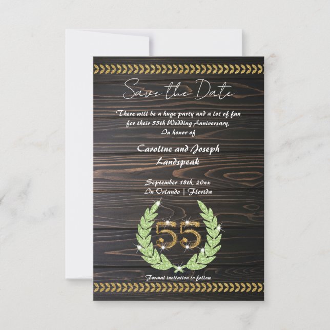 Chic 55th Anniversary Wood & Gold  Save the Date Invitation (Front)