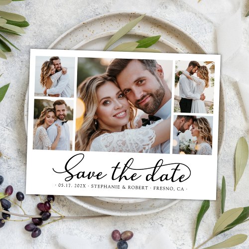 Chic 5 Photo Collage Budget Wedding Save The Date Announcement Postcard