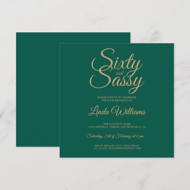 Chic 60 and Sassy Green Gold 60th Birthday Party Invitation (Front/Back)