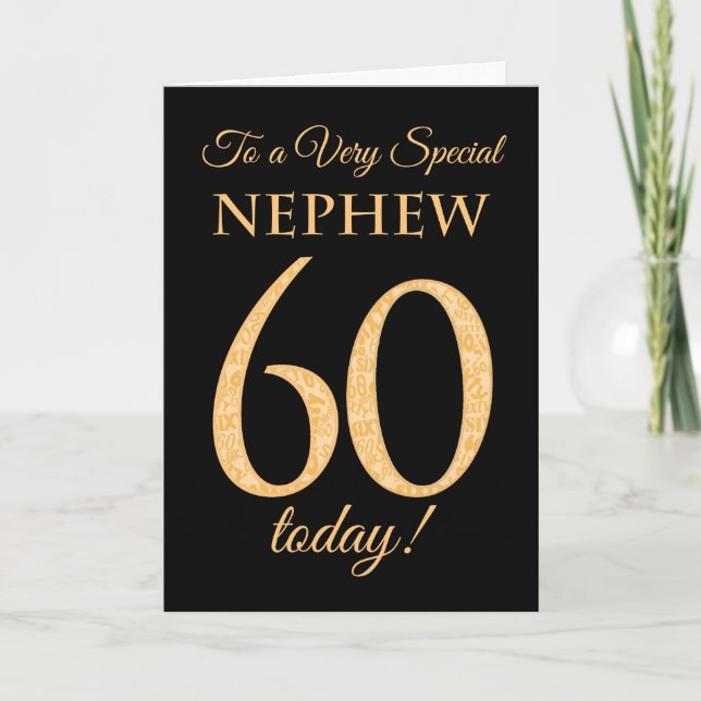 Chic 60th Gold-effect on Black, Nephew Birthday Card (Front)