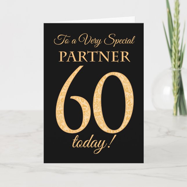 Chic 60th Gold-effect on Black, Partner Birthday Card (Front)