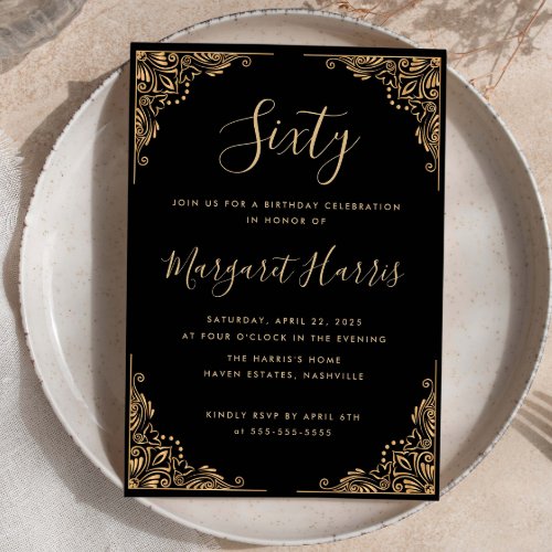 Chic 60th Sixty Gold Frame Black Birthday Invitation