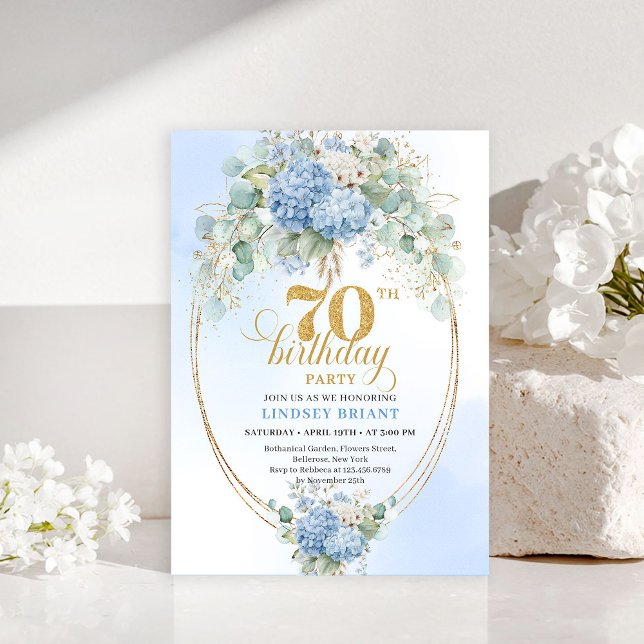 Chic 70th Birthday Blue Floral Eucalyptus Invites (Chic 70th Birthday Blue Floral Eucalyptus Invitation)