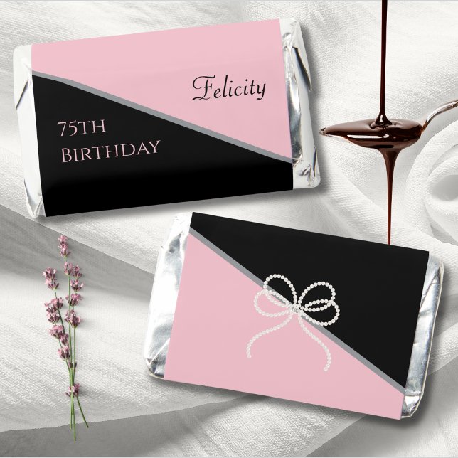 Chic 75th Gala Pink and Black Event Candy Hershey's Miniatures (Sweeten your 75th gala with these chic pink and black personalized candy wrappers.)