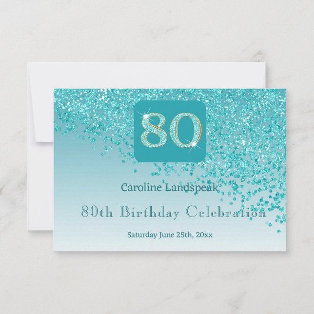 Chic 80 Birthday Teal Blue Glitter RSVP (Front)