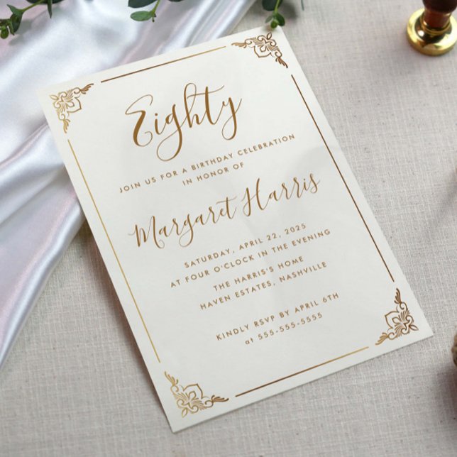 Chic 80th Eighty Gold Frame Calligraphy Birthday Invitation (Creator Uploaded)