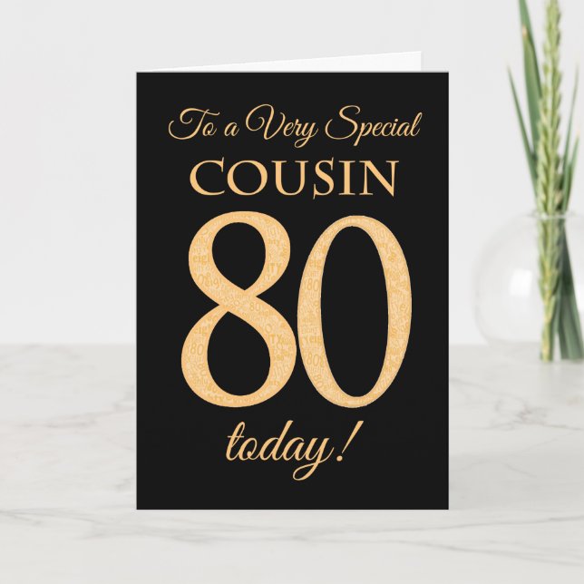Chic 80th Gold-effect on Black, Cousin Birthday Card (Front)