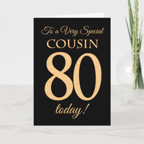 Chic 80th Gold_effect on Black Cousin Birthday Card