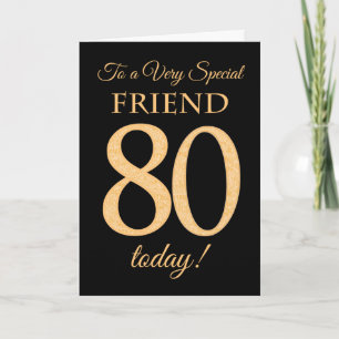 Chic 80th Gold-effect on Black, Friend Birthday Card