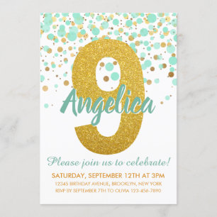 Chic 9th Birthday Mint Green Gold Glitter Confetti Invitation