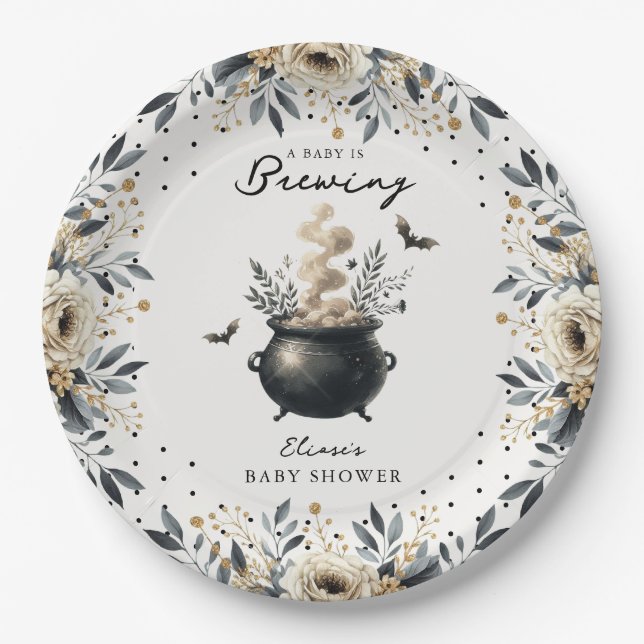 Chic 'a Baby is Brewing' Halloween Baby Shower  Paper Plates (Front)