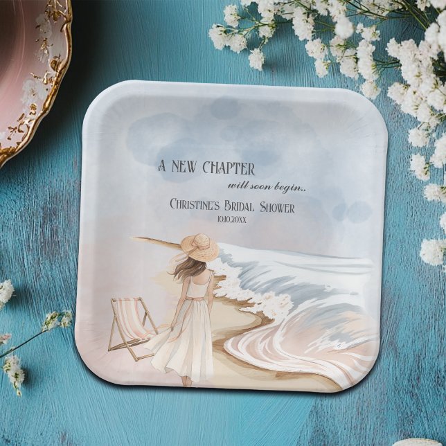 Chic 'A New Chapter' Beach and Waves Bridal Shower Paper Plates (Creator Uploaded)
