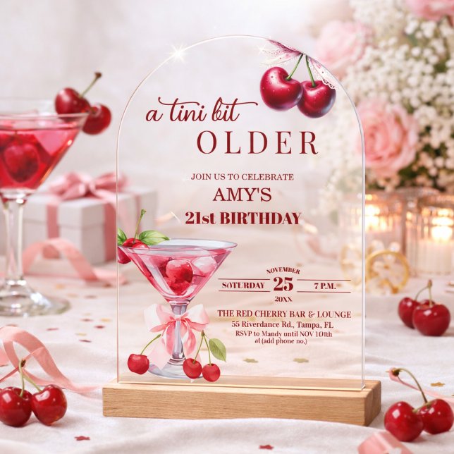 Chic A Tini Bit Older Cherry Martini 21st Birthday Acrylic Invitations (Creator Uploaded)