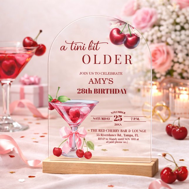 Chic A Tini Bit Older Cherry Martini 28th Birthday Acrylic Invitations (Creator Uploaded)