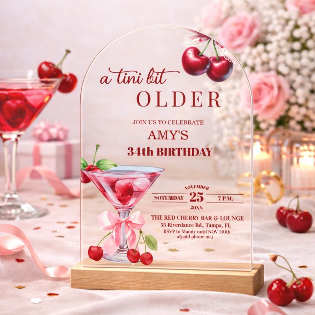 Chic A Tini Bit Older Cherry Martini 34th Birthday Acrylic Invitations (Creator Uploaded)