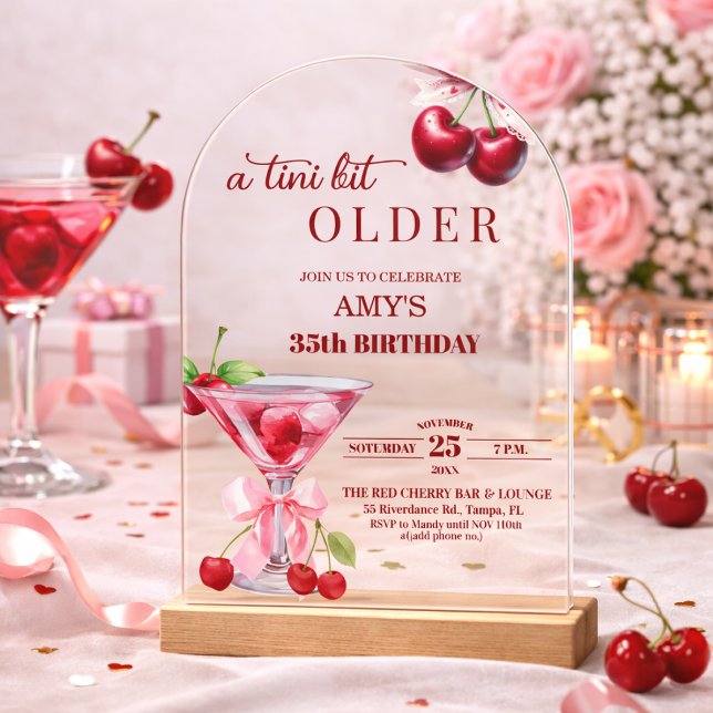 Chic A Tini Bit Older Cherry Martini 35th Birthday Acrylic Invitations (Creator Uploaded)