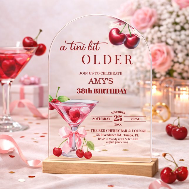 Chic A Tini Bit Older Cherry Martini 38th Birthday Acrylic Invitations (Creator Uploaded)