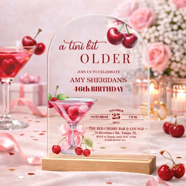 Chic A Tini Bit Older Cherry Martini 46th Birthday Acrylic Invitations (Creator Uploaded)