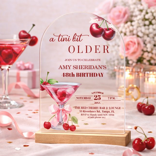 Chic A Tini Bit Older Cherry Martini 48th Birthday Acrylic Invitations (Creator Uploaded)