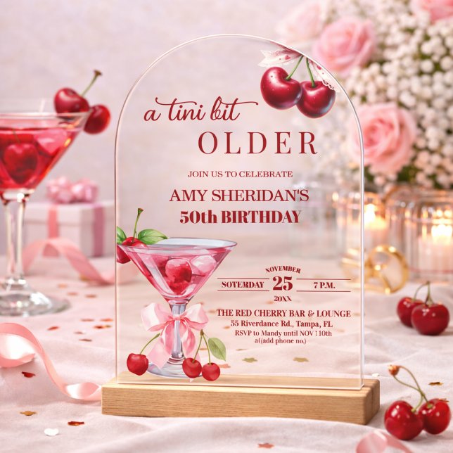 Chic A Tini Bit Older Cherry Martini 50th Birthday Acrylic Invitations (Creator Uploaded)