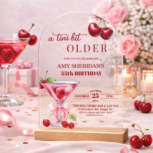 Chic A Tini Bit Older Cherry Martini 55th Birthday Acrylic Invitations (Creator Uploaded)