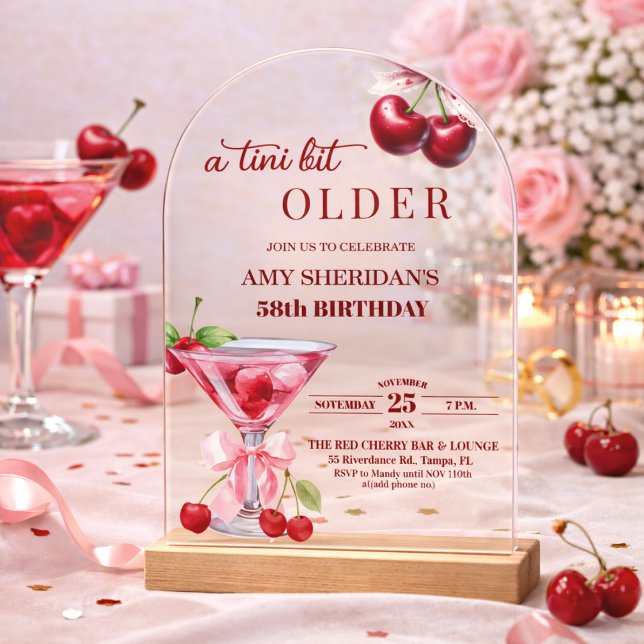Chic A Tini Bit Older Cherry Martini 58th Birthday Acrylic Invitations (Creator Uploaded)