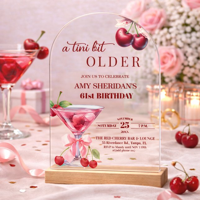 Chic A Tini Bit Older Cherry Martini 61st Birthday Acrylic Invitations (Creator Uploaded)