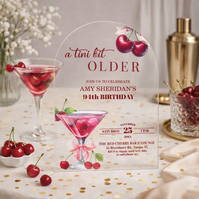 Chic A Tini Bit Older Cherry Martini 94th Birthday Acrylic Invitations (Creator Uploaded)