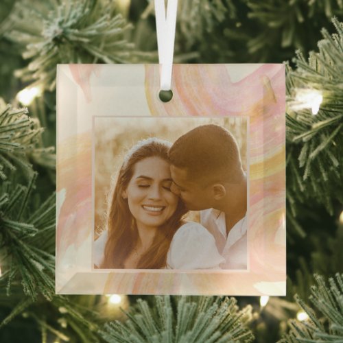 Chic Abstract Art Peach Watercolor Custom Photo Glass Ornament