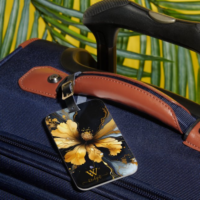 chic abstract black gold floral luggage tag (Front Insitu 1)