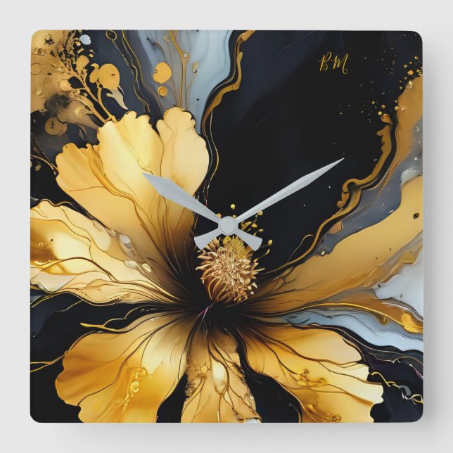 chic abstract black gold floral square wall clock (Front)