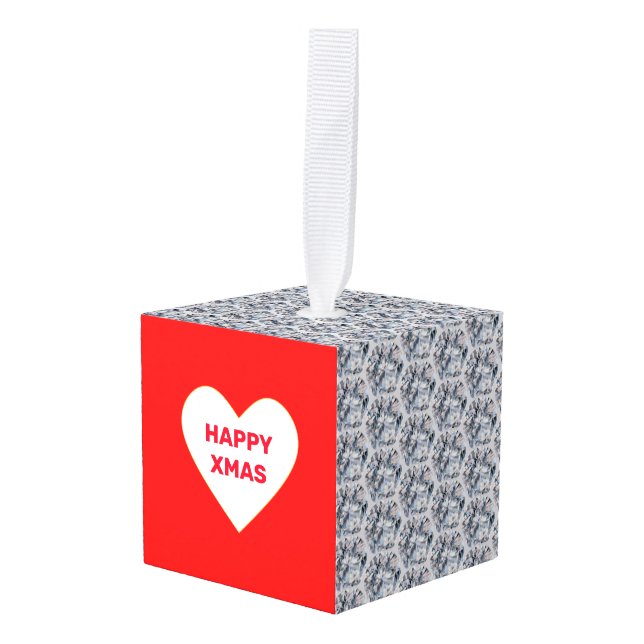 Chic abstract diamond & Christmas heart Cube Ornament (Front Angled)