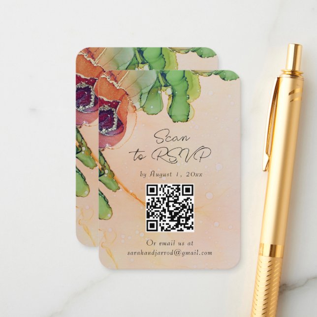 Chic Abstract Floral QR Code Wedding Response Card (Front/Back In Situ)