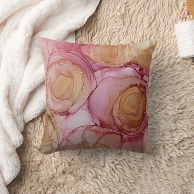 Chic Abstract Floral Rose Brown Beige Throw Pillow (Blanket)