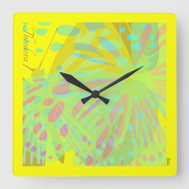 Chic Abstract Gold Butterfly Yellow Violet  Square Wall Clock (Front)