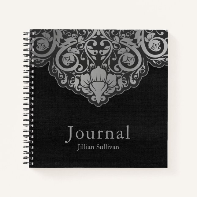 Chic Abstract Gray On Black Swirls Notebook (Front)