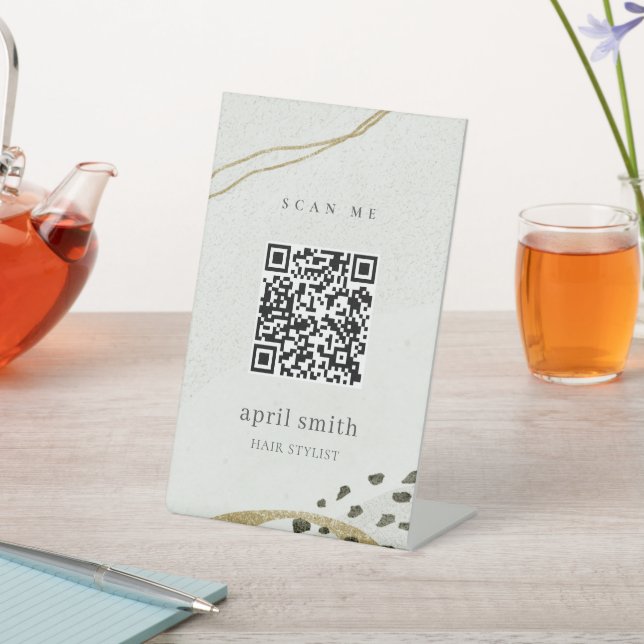 Chic Abstract Ivory Gold Black Grey Stone QR Code Pedestal Sign (In SItu)
