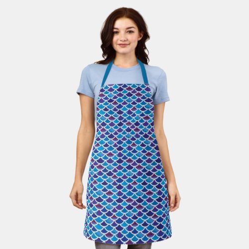Chic Abstract Mermaid Scale Pattern In Blues Apron